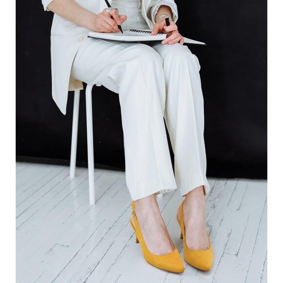 Women’s Yellow Suede Closed Pointed Toe Kitten Heels Slingback Pumps Shoes - Picture 4 of 6